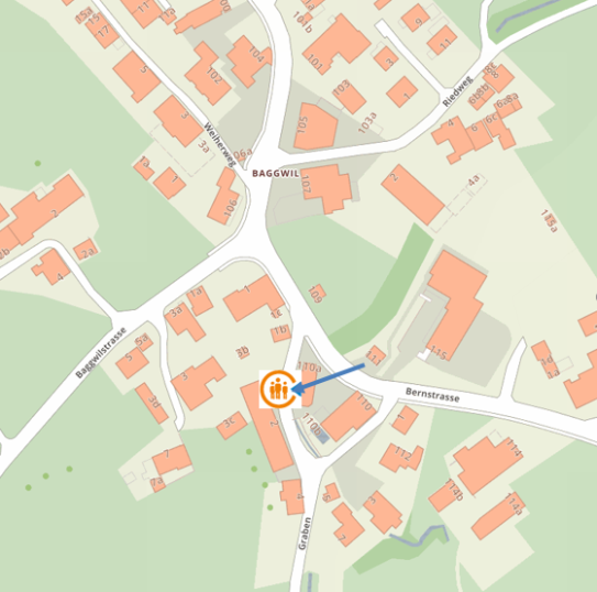 Situationsplan mit Standort Notfalltreffpunkt (Werkhof Baggwil)